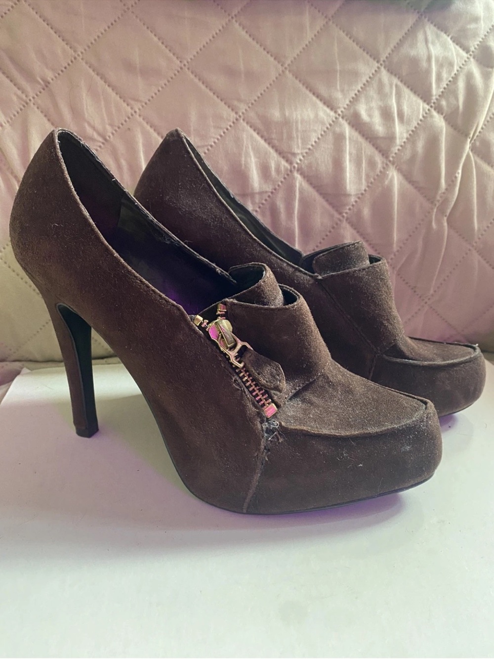 BCBGirls Brown Suede High Heel Platform Pumps with Side Zip